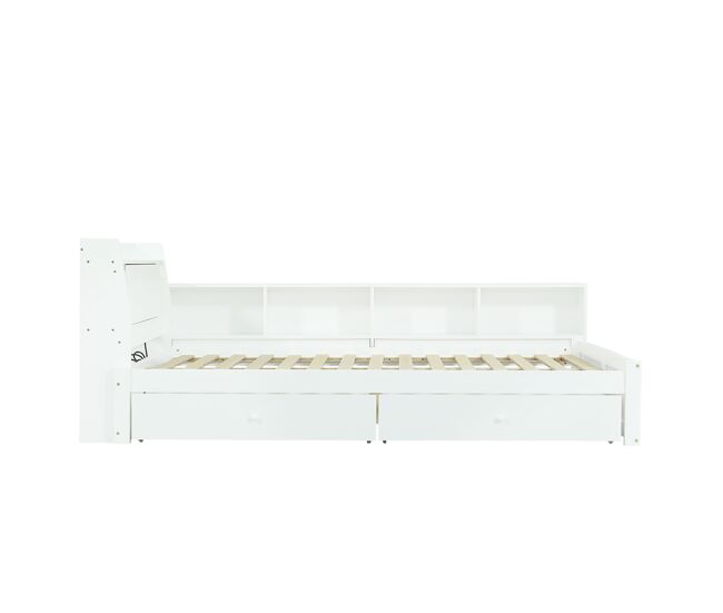Cama doble 140x200 - cabecero con estante y 2 luces, puerto de carga, armarios y cajones laterales - blanco