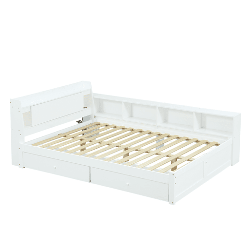 Cama de casal 140x200 - cabeceira com prateleira e 2 luzes, porta de carregamento, armários e gavetas laterais - Branco