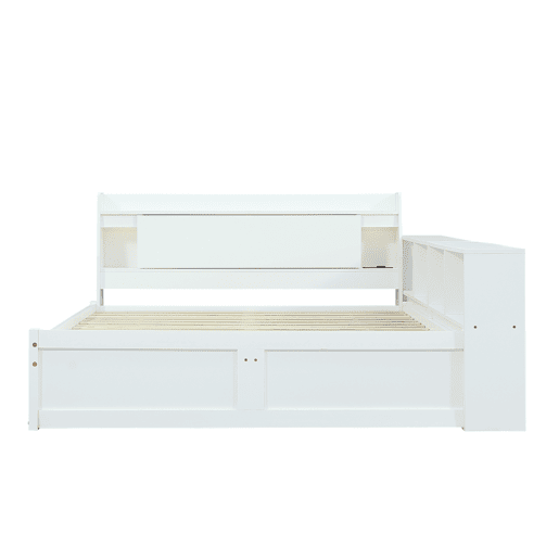 Cama de casal 140x200 - cabeceira com prateleira e 2 luzes, porta de carregamento, armários e gavetas laterais - Branco