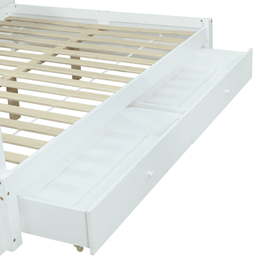 Cama de casal 140x200 - cabeceira com prateleira e 2 luzes, porta de carregamento, armários e gavetas laterais - Branco