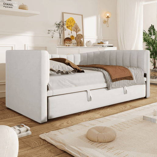 Sofá-cama 90x200 cm - Com cama extraível, cama individual, cama de casal (sem colchão), estilo minimalista, veludo - Branco