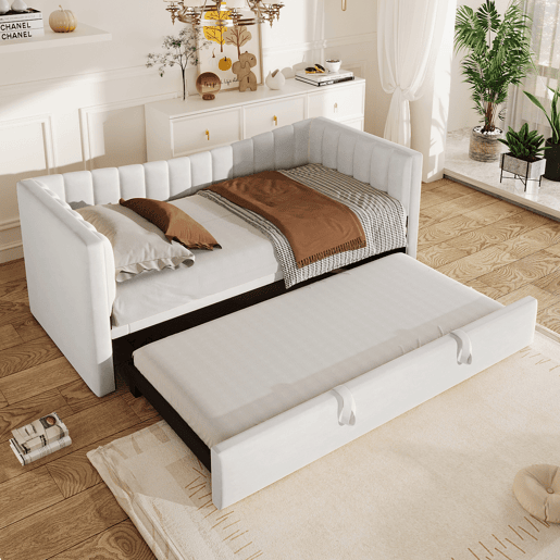 Sofá-cama 90x200 cm - Com cama extraível, cama individual, cama de casal (sem colchão), estilo minimalista, veludo - Branco
