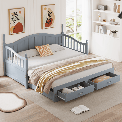 Sofá-cama extensível 90180*190 cm - com colunas romanas, encosto curvo, apoios de braços, gavetas e estrado - Cinza