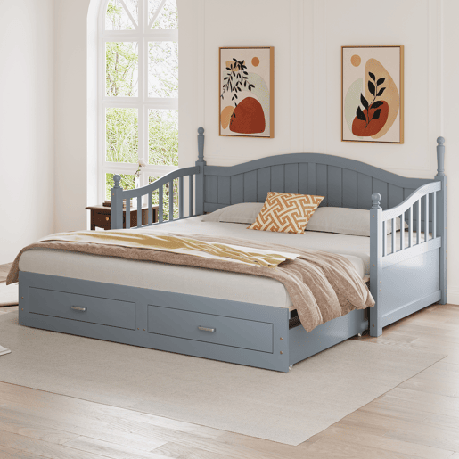 Sofá-cama extensível 90180*190 cm - com colunas romanas, encosto curvo, apoios de braços, gavetas e estrado - Cinza