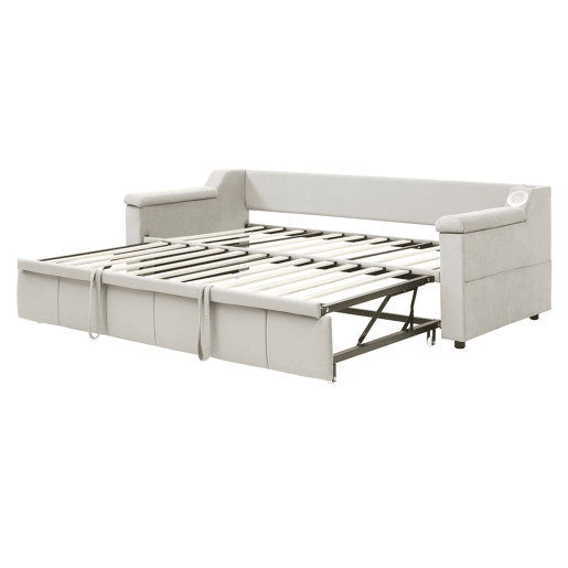 Sofá-cama 90180x190 cm - Apoios de braços largos e grossos, Com sistema de som Bluetooth inteligente, Com porta USB, Com compartimentos de arrumação, Com estrado, Tecido de veludo - Bege