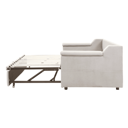 Sofá-cama 90180x190 cm - Apoios de braços largos e grossos, Com sistema de som Bluetooth inteligente, Com porta USB, Com compartimentos de arrumação, Com estrado, Tecido de veludo - Bege