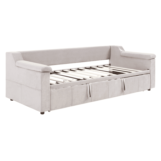 Sofá-cama 90180x190 cm - Apoios de braços largos e grossos, Com sistema de som Bluetooth inteligente, Com porta USB, Com compartimentos de arrumação, Com estrado, Tecido de veludo - Bege