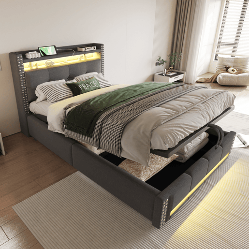 Cama infantil 90x200 cm - com LED, USB, armazenamento hidráulico e prateleiras - Cinza