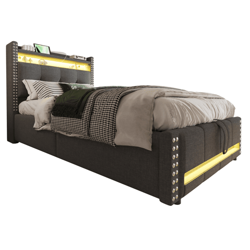Cama infantil 90x200 cm - com LED, USB, armazenamento hidráulico e prateleiras - Cinza