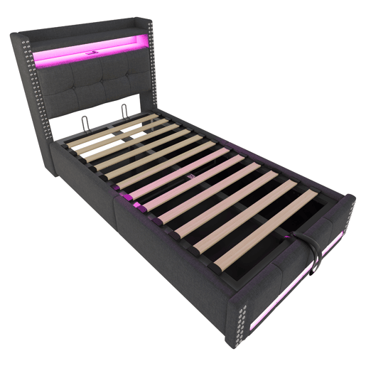 Cama infantil 90x200 cm - com LED, USB, armazenamento hidráulico e prateleiras - Cinza