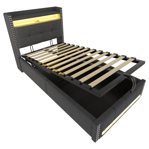 Cama infantil 90x200 cm - com LED, USB, armazenamento hidráulico e prateleiras - Cinza