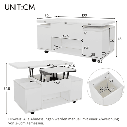 Mesa de centro multifuncional elevável - 2 mesas extensíveis, grande capacidade, moderna, para sala de estar, escritório, sala de jantar, mesa de lazer - Branco + Branco