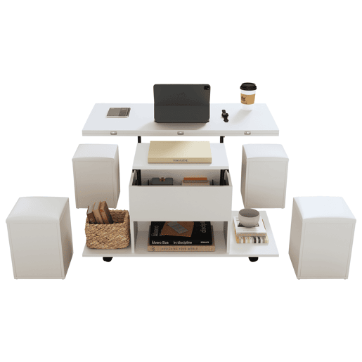 Mesa de centro multifuncional elevável - 2 mesas extensíveis, grande capacidade, moderna, para sala de estar, escritório, sala de jantar, mesa de lazer - Branco + Branco
