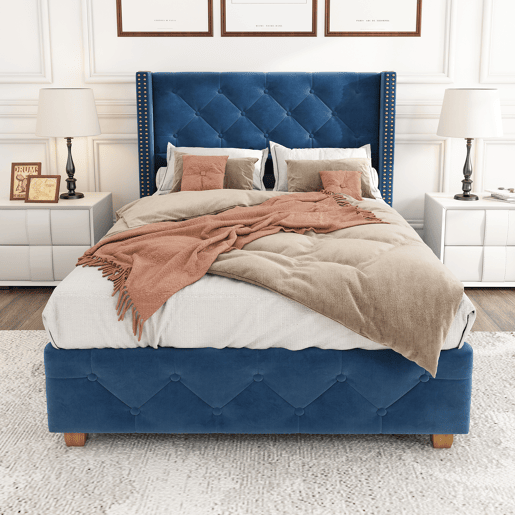 Cama estofada 90*200 - cabeceira acolchoada com botões e tachas, estrado de madeira - Azul