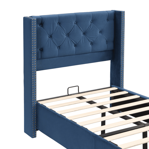 Cama estofada 90*200 - cabeceira acolchoada com botões e tachas, estrado de madeira - Azul