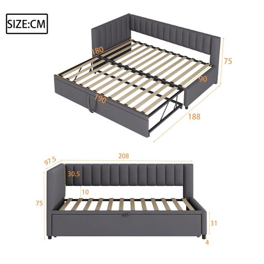 Sofá-cama multifuncional 90180*200 cm - Com cama extraível, design compacto, estofado em veludo - Cinza