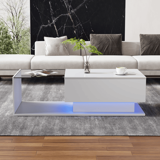 Mesa de centro 100x50x32 cm - com tampo de vidro e gavetas, resistente a riscos, com 1 gaveta, com iluminação LED, estilo moderno - Branco hochglanz