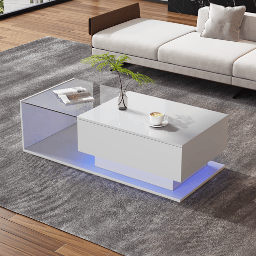 Mesa de centro 100x50x32 cm - com tampo de vidro e gavetas, resistente a riscos, com 1 gaveta, com iluminação LED, estilo moderno - Branco hochglanz