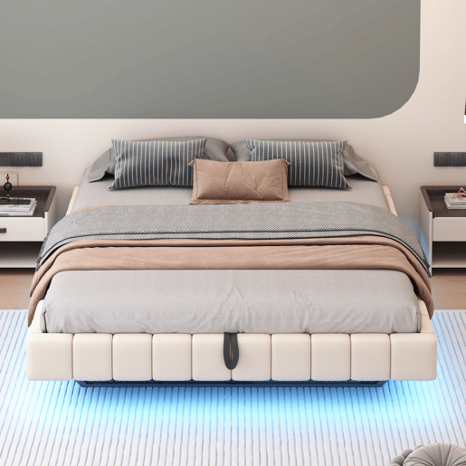 Cama estofada 180x200 cm - Estrutura flutuante hidráulica com arrumação, cama multifuncional sem cabeceira com luz LED - Bege