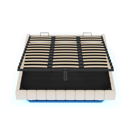 Cama estofada 180x200 cm - Estrutura flutuante hidráulica com arrumação, cama multifuncional sem cabeceira com luz LED - Bege