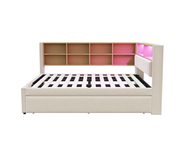Sofá cama 140x200 - cama extraíble 90x190, con luces led, enchufes y compartimentos de almacenamiento - beige