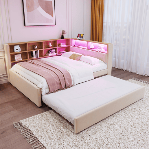 Sofá-cama 140x200 - Cama extraível 90x190, com luzes LED, tomadas e compartimentos de arrumação - Bege