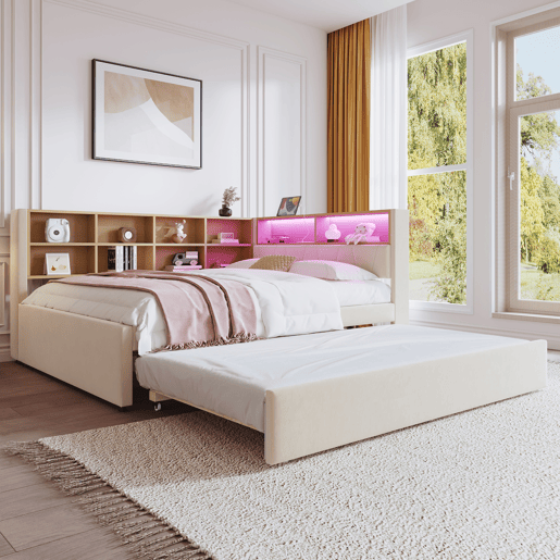 Sofá-cama 140x200 - Cama extraível 90x190, com luzes LED, tomadas e compartimentos de arrumação - Bege