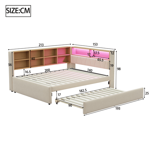 Sofá-cama 140x200 - Cama extraível 90x190, com luzes LED, tomadas e compartimentos de arrumação - Bege