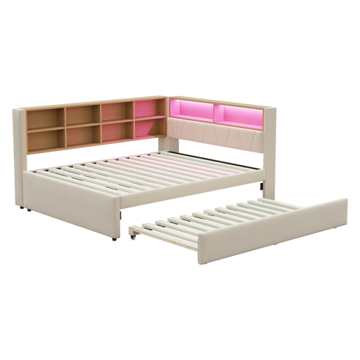 Sofá-cama 140x200 - Cama extraível 90x190, com luzes LED, tomadas e compartimentos de arrumação - Bege