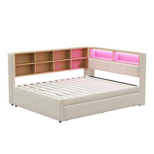 Sofá-cama 140x200 - Cama extraível 90x190, com luzes LED, tomadas e compartimentos de arrumação - Bege