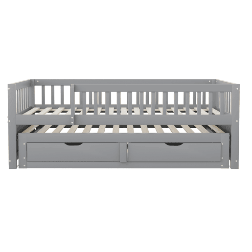 Sofá-cama em madeira maciça 90 x 200 cm - grade de segurança completa, cama extensível com 2 gavetas e estrado - cinza Sofá-cama em madeira maciça 90 x 200 cm - grade de segurança completa, cama extensível com 2 gavetas e estrado - cinza