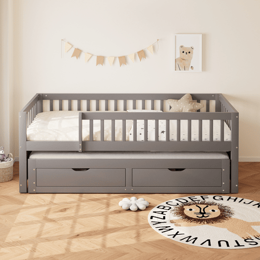 Sofá-cama em madeira maciça 90 x 200 cm - grade de segurança completa, cama extensível com 2 gavetas e estrado - cinza Sofá-cama em madeira maciça 90 x 200 cm - grade de segurança completa, cama extensível com 2 gavetas e estrado - cinza