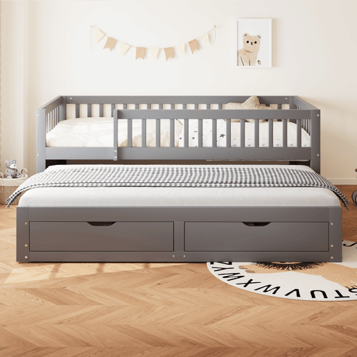 Sofá-cama em madeira maciça 90 x 200 cm - grade de segurança completa, cama extensível com 2 gavetas e estrado - cinza Sofá-cama em madeira maciça 90 x 200 cm - grade de segurança completa, cama extensível com 2 gavetas e estrado - cinza