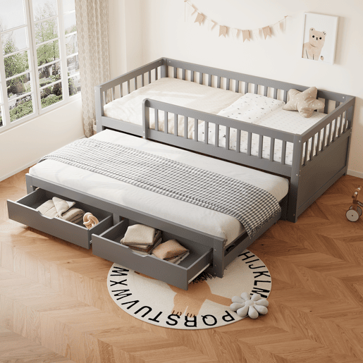 Sofá-cama em madeira maciça 90 x 200 cm - grade de segurança completa, cama extensível com 2 gavetas e estrado - cinza Sofá-cama em madeira maciça 90 x 200 cm - grade de segurança completa, cama extensível com 2 gavetas e estrado - cinza