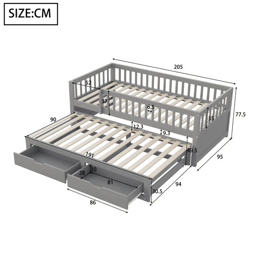 Sofá-cama em madeira maciça 90 x 200 cm - grade de segurança completa, cama extensível com 2 gavetas e estrado - cinza Sofá-cama em madeira maciça 90 x 200 cm - grade de segurança completa, cama extensível com 2 gavetas e estrado - cinza