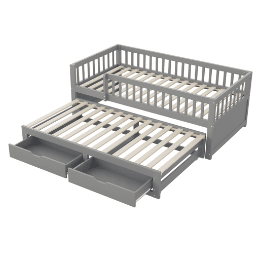 Sofá-cama em madeira maciça 90 x 200 cm - grade de segurança completa, cama extensível com 2 gavetas e estrado - cinza Sofá-cama em madeira maciça 90 x 200 cm - grade de segurança completa, cama extensível com 2 gavetas e estrado - cinza