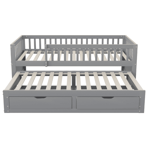 Sofá-cama em madeira maciça 90 x 200 cm - grade de segurança completa, cama extensível com 2 gavetas e estrado - cinza Sofá-cama em madeira maciça 90 x 200 cm - grade de segurança completa, cama extensível com 2 gavetas e estrado - cinza