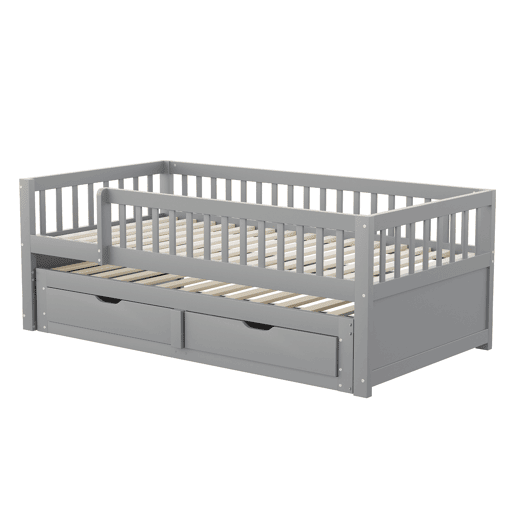 Sofá-cama em madeira maciça 90 x 200 cm - grade de segurança completa, cama extensível com 2 gavetas e estrado - cinza Sofá-cama em madeira maciça 90 x 200 cm - grade de segurança completa, cama extensível com 2 gavetas e estrado - cinza