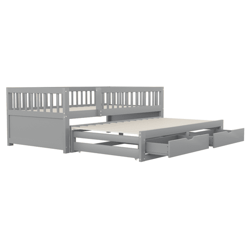 Sofá-cama em madeira maciça 90 x 200 cm - grade de segurança completa, cama extensível com 2 gavetas e estrado - cinza Sofá-cama em madeira maciça 90 x 200 cm - grade de segurança completa, cama extensível com 2 gavetas e estrado - cinza
