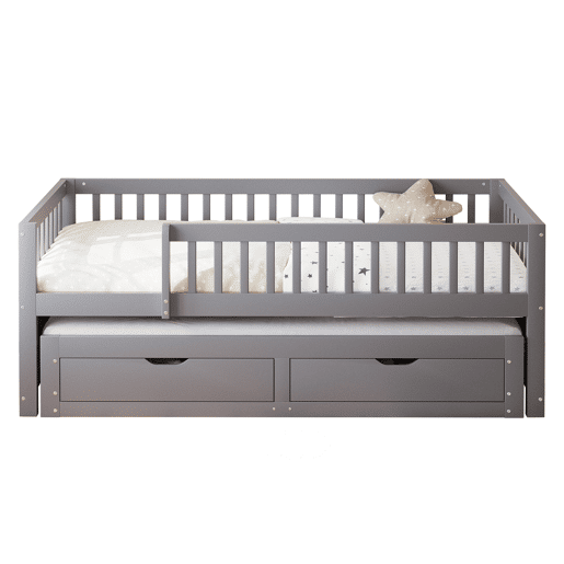 Sofá-cama em madeira maciça 90 x 200 cm - grade de segurança completa, cama extensível com 2 gavetas e estrado - cinza Sofá-cama em madeira maciça 90 x 200 cm - grade de segurança completa, cama extensível com 2 gavetas e estrado - cinza