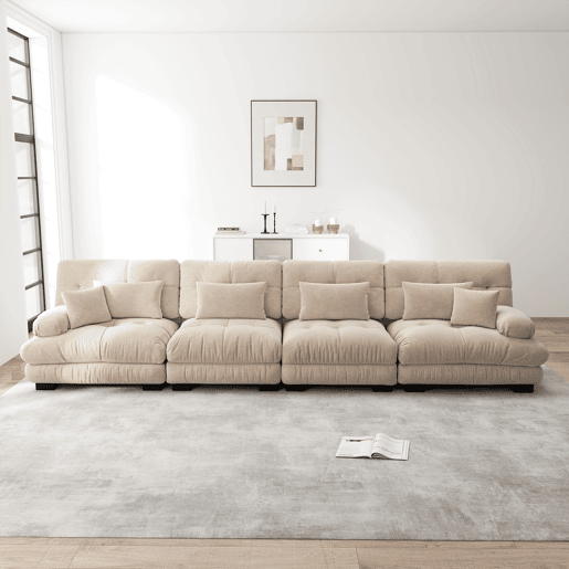 Sofá modular de 4 lugares - Ecksofa com assento profundo, Chenille, Sofá-cama confortável - Café claro