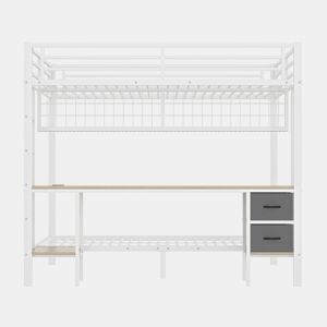 Beliche alto 90x200 e 140x200 - Estrutura em metal, gavetas, prateleiras, grade para pendurar objetos, secretária, com faixa LED de 7 cores, porta USB, sem colchão - Branco