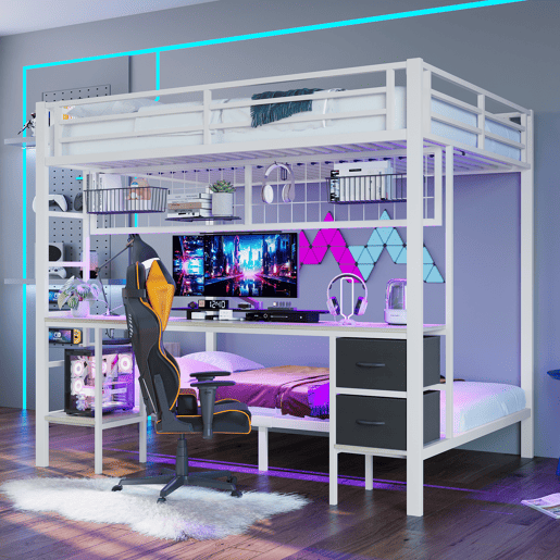 Beliche alto 90x200 e 140x200 - Estrutura em metal, gavetas, prateleiras, grade para pendurar objetos, secretária, com faixa LED de 7 cores, porta USB, sem colchão - Branco