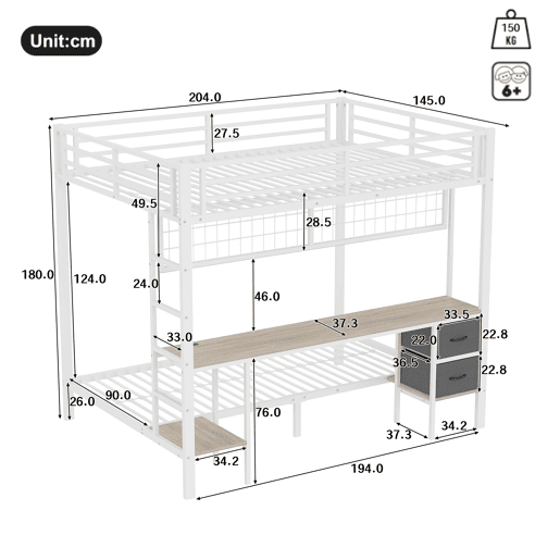 Beliche alto 90x200 e 140x200 - Estrutura em metal, gavetas, prateleiras, grade para pendurar objetos, secretária, com faixa LED de 7 cores, porta USB, sem colchão - Branco