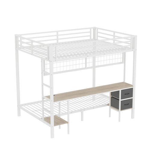 Beliche alto 90x200 e 140x200 - Estrutura em metal, gavetas, prateleiras, grade para pendurar objetos, secretária, com faixa LED de 7 cores, porta USB, sem colchão - Branco