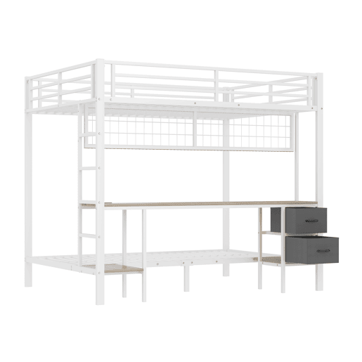 Beliche alto 90x200 e 140x200 - Estrutura em metal, gavetas, prateleiras, grade para pendurar objetos, secretária, com faixa LED de 7 cores, porta USB, sem colchão - Branco