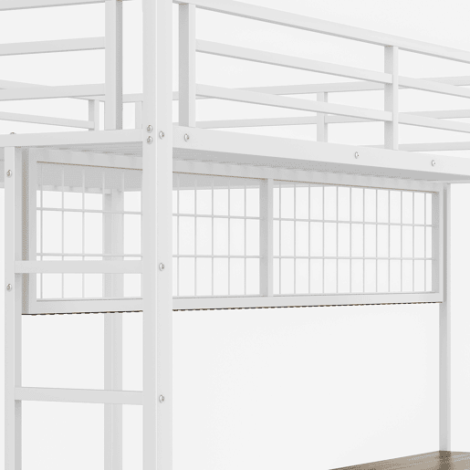 Beliche alto 90x200 e 140x200 - Estrutura em metal, gavetas, prateleiras, grade para pendurar objetos, secretária, com faixa LED de 7 cores, porta USB, sem colchão - Branco