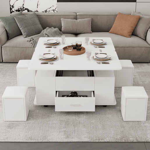 Mesa de centro elevável - Mesa de sala multifuncional 4 em 1 com 4 bancos e gavetas - Branca Mesa de centro elevável - Mesa de sala multifuncional 4 em 1 com 4 bancos e gavetas - Branca