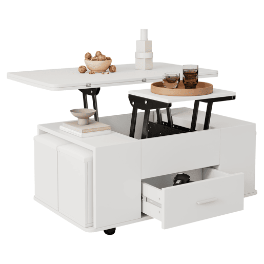 Mesa de centro elevável - Mesa de sala multifuncional 4 em 1 com 4 bancos e gavetas - Branca Mesa de centro elevável - Mesa de sala multifuncional 4 em 1 com 4 bancos e gavetas - Branca