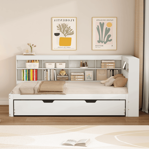 Sofá-cama 90x200 - Cama extensível 90x190 com USB e vários compartimentos - Branco Sofá-cama 90x200 - Cama extensível 90x190 com USB e vários compartimentos - Branco